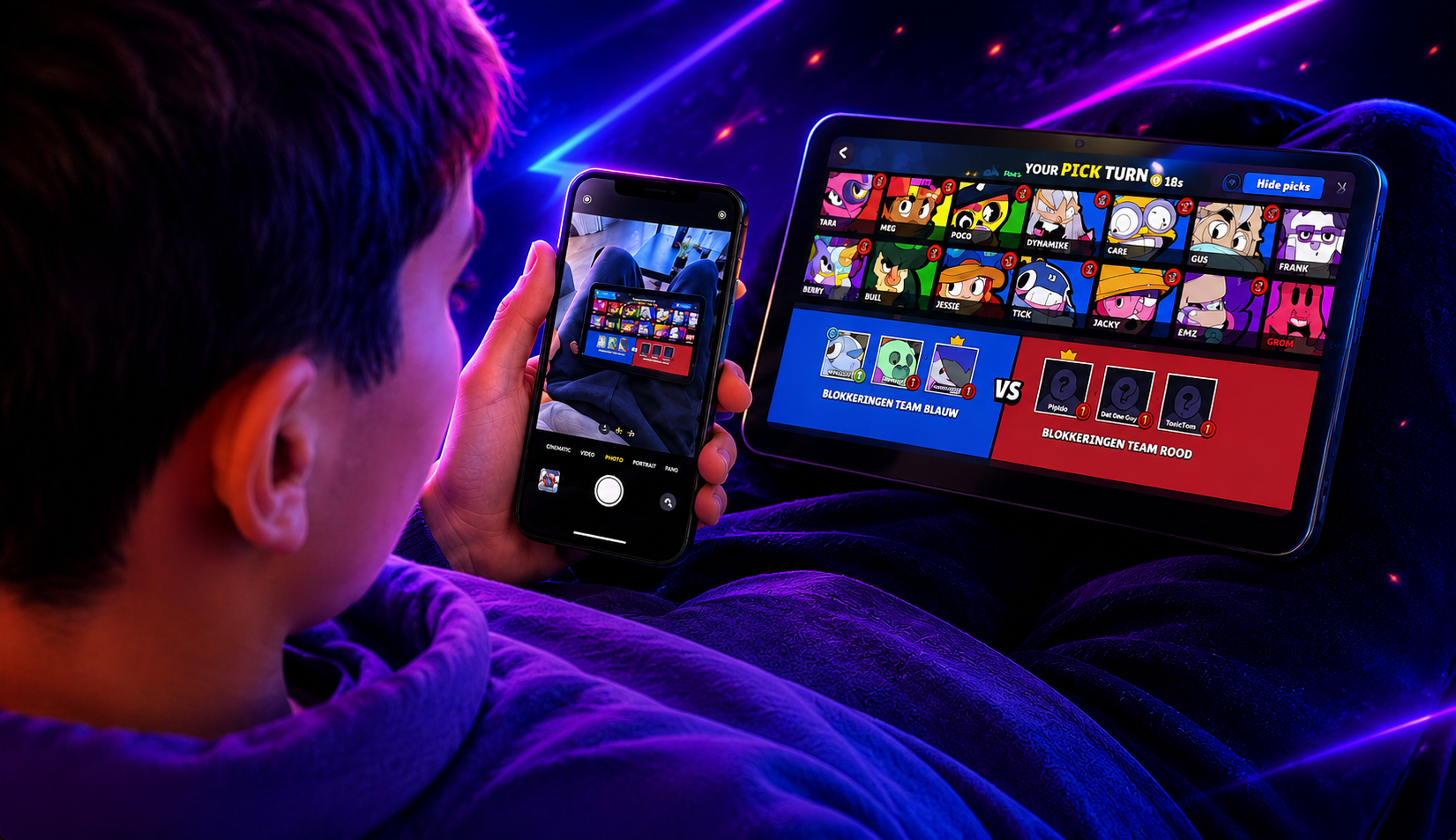 Player photographing a Brawl Stars Ranked draft screen with a phone